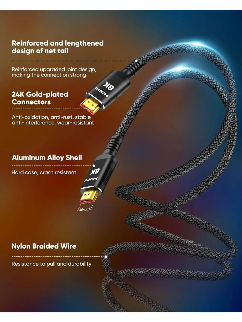 8K HDMI Fiber Optic Cable 2.1, 75FT, 48Gbps UHD Unidirectional